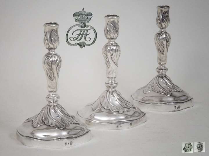 Set of Three Silver Candlesticks from the Royal Silver Collection of Dresden, House of Wettin